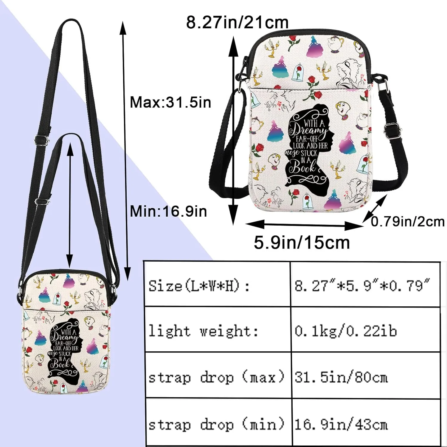 ENSIANTH Beauty Inspired Crossbody Bag Belle Princess Gift Fairytale Lover Gift A Tale as Old as Time Belle Fan Messenger Bag