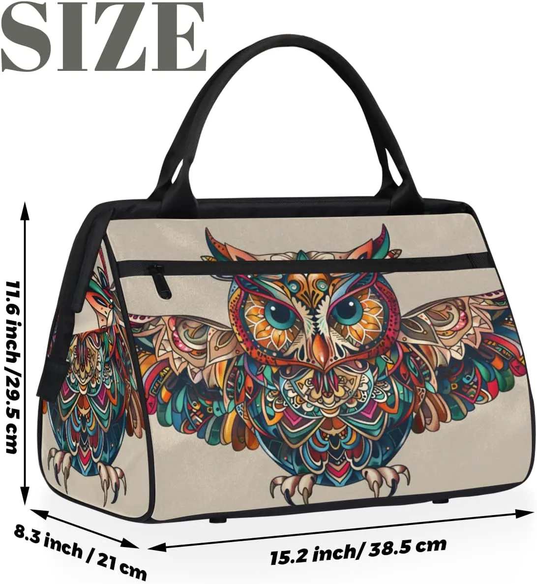 Ethnic Abstract Animals Owl Weekender Overnight Bag for Women Waterproof Carry On Travel Duffle Bags with Pocket Lightweight Sports Gym Tote Bag Large Luggage Workout Personal Item Hospital Bags