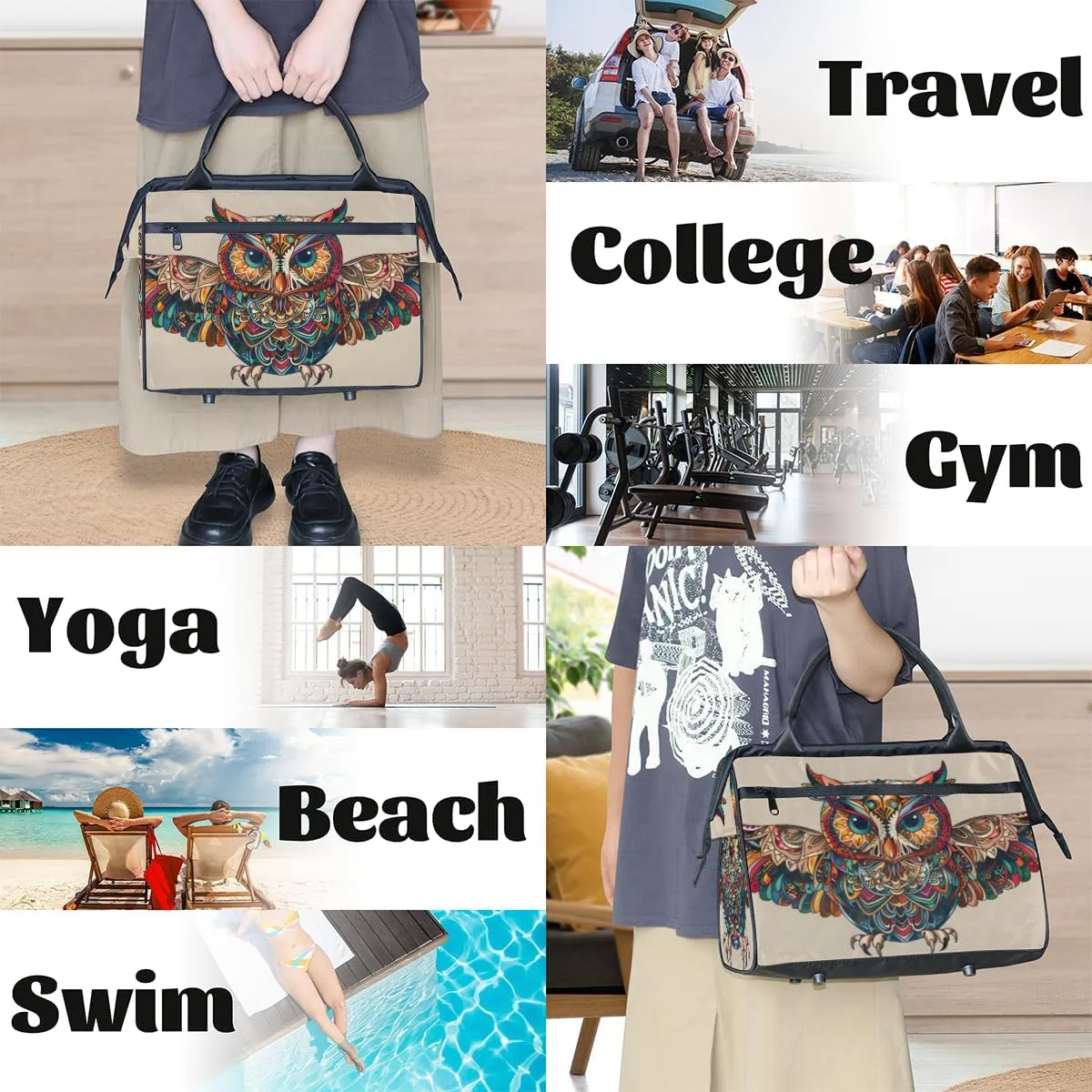 Ethnic Abstract Animals Owl Weekender Overnight Bag for Women Waterproof Carry On Travel Duffle Bags with Pocket Lightweight Sports Gym Tote Bag Large Luggage Workout Personal Item Hospital Bags