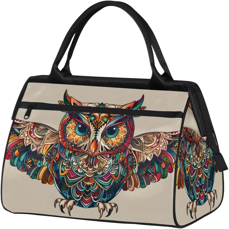 Ethnic Abstract Animals Owl Weekender Overnight Bag for Women Waterproof Carry On Travel Duffle Bags with Pocket Lightweight Sports Gym Tote Bag Large Luggage Workout Personal Item Hospital Bags