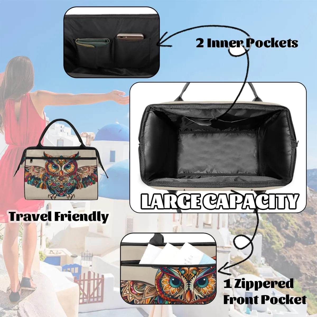 Ethnic Abstract Animals Owl Weekender Overnight Bag for Women Waterproof Carry On Travel Duffle Bags with Pocket Lightweight Sports Gym Tote Bag Large Luggage Workout Personal Item Hospital Bags