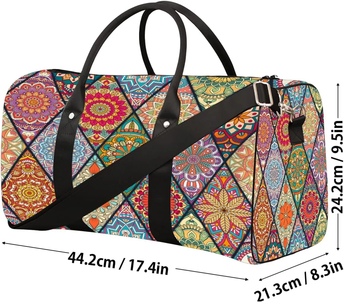 Ethnic Mandala Rainbow Travel Duffle Bag Sports Gym Bags for Women Men Weekender Overnight Bags Waterproof Carry On Tote Bag Workout Bag for Dance Swimming Yoga Hospital