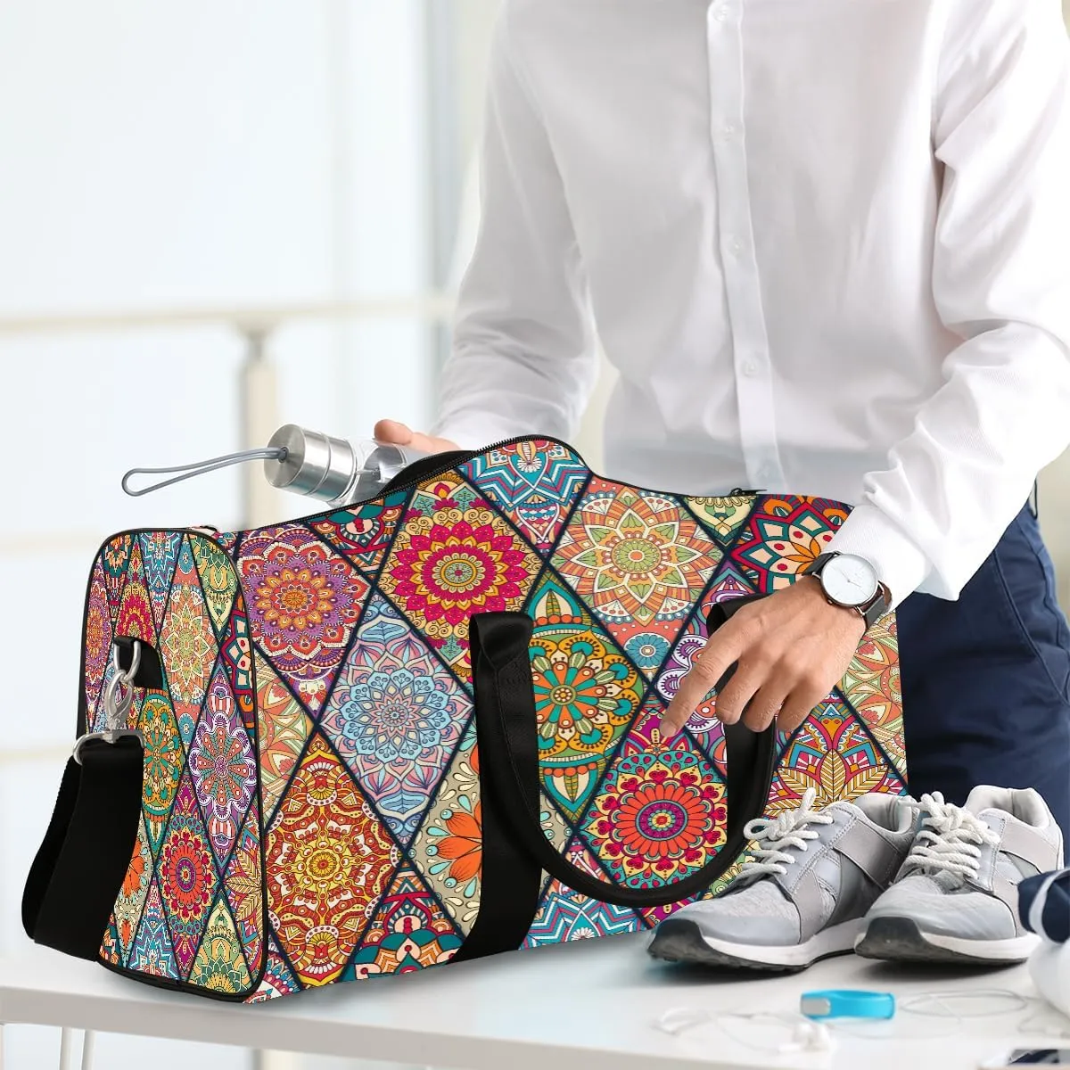 Ethnic Mandala Rainbow Travel Duffle Bag Sports Gym Bags for Women Men Weekender Overnight Bags Waterproof Carry On Tote Bag Workout Bag for Dance Swimming Yoga Hospital