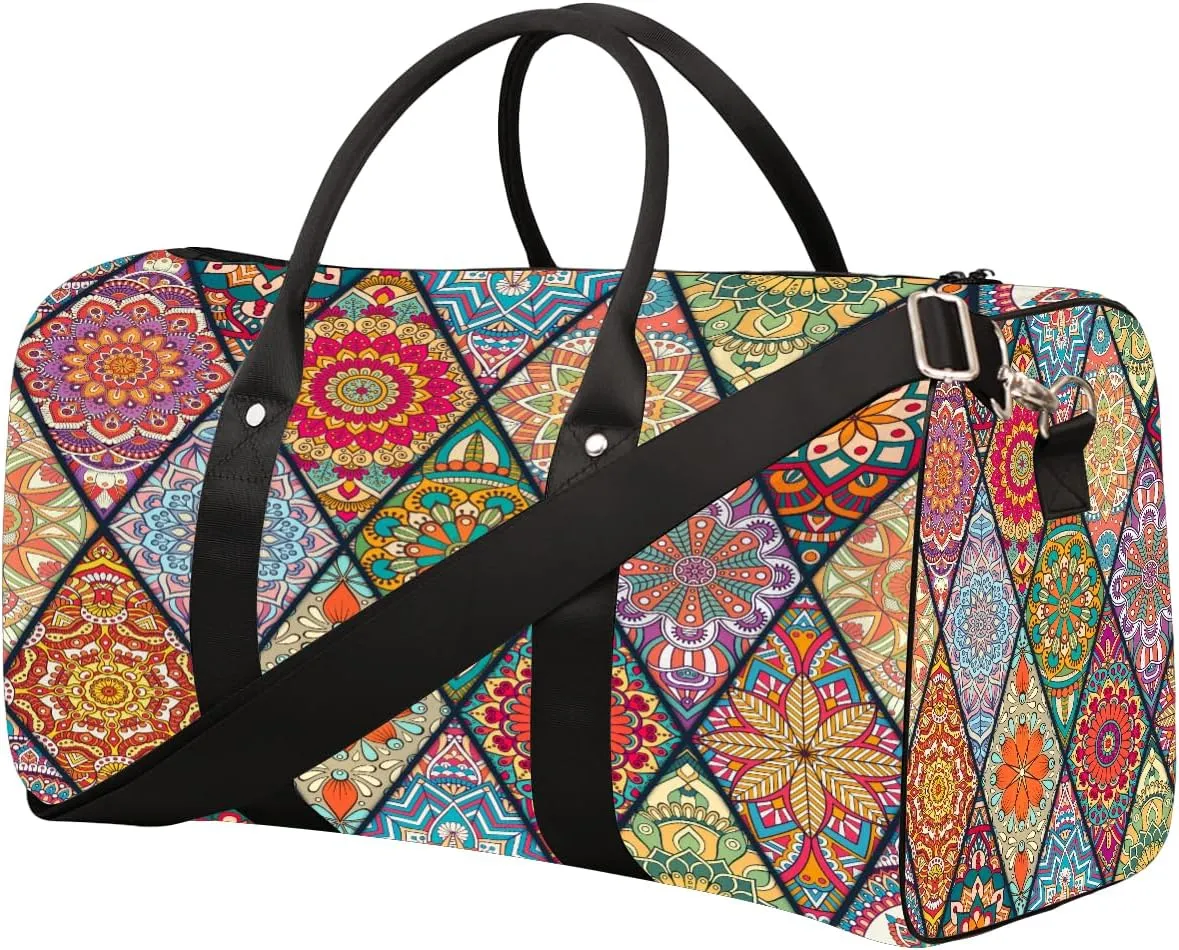 Ethnic Mandala Rainbow Travel Duffle Bag Sports Gym Bags for Women Men Weekender Overnight Bags Waterproof Carry On Tote Bag Workout Bag for Dance Swimming Yoga Hospital
