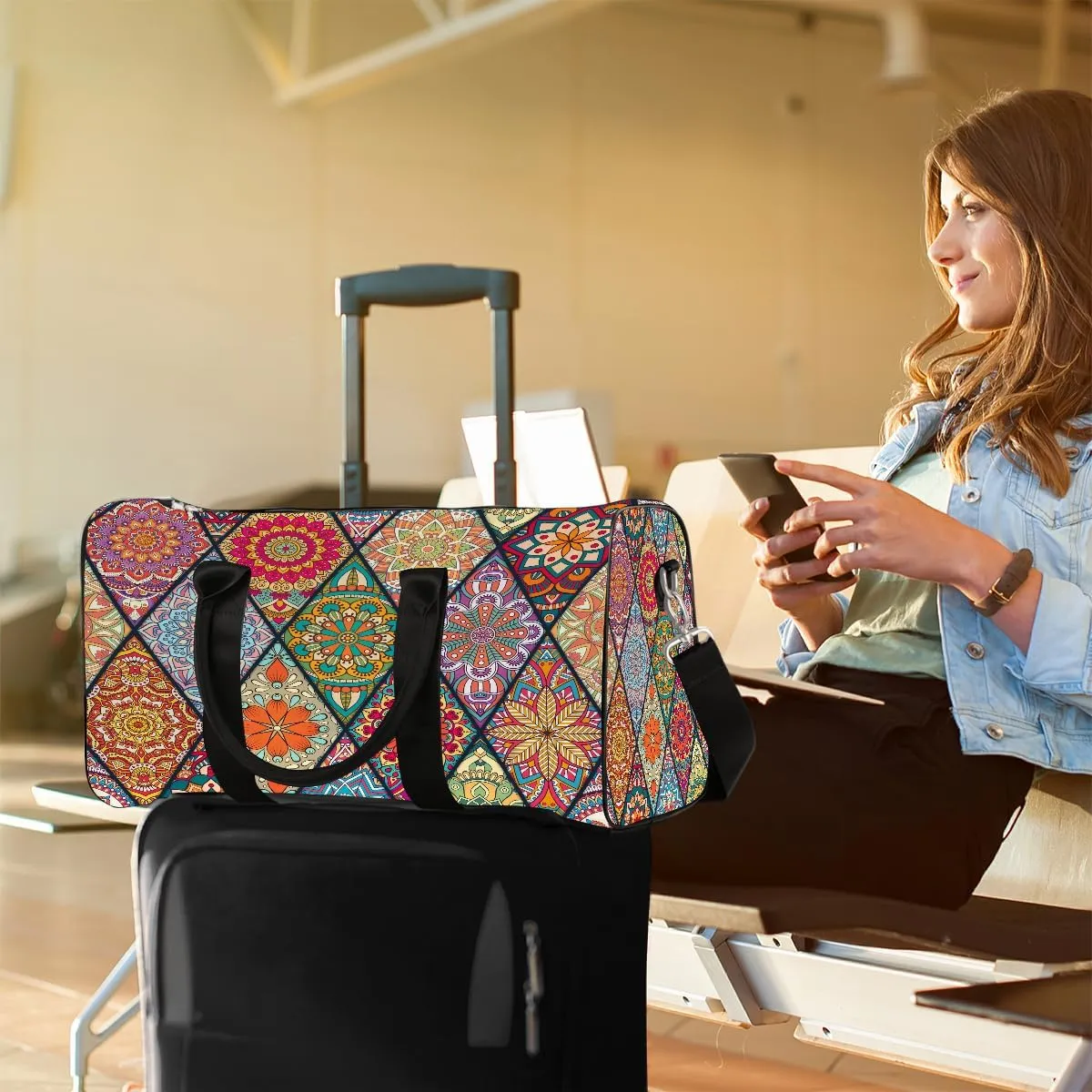 Ethnic Mandala Rainbow Travel Duffle Bag Sports Gym Bags for Women Men Weekender Overnight Bags Waterproof Carry On Tote Bag Workout Bag for Dance Swimming Yoga Hospital