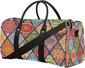 Ethnic Mandala Rainbow Travel Duffle Bag Sports Gym Bags for Women Men Weekender Overnight Bags Waterproof Carry On Tote Bag Workout Bag for Dance Swimming Yoga Hospital