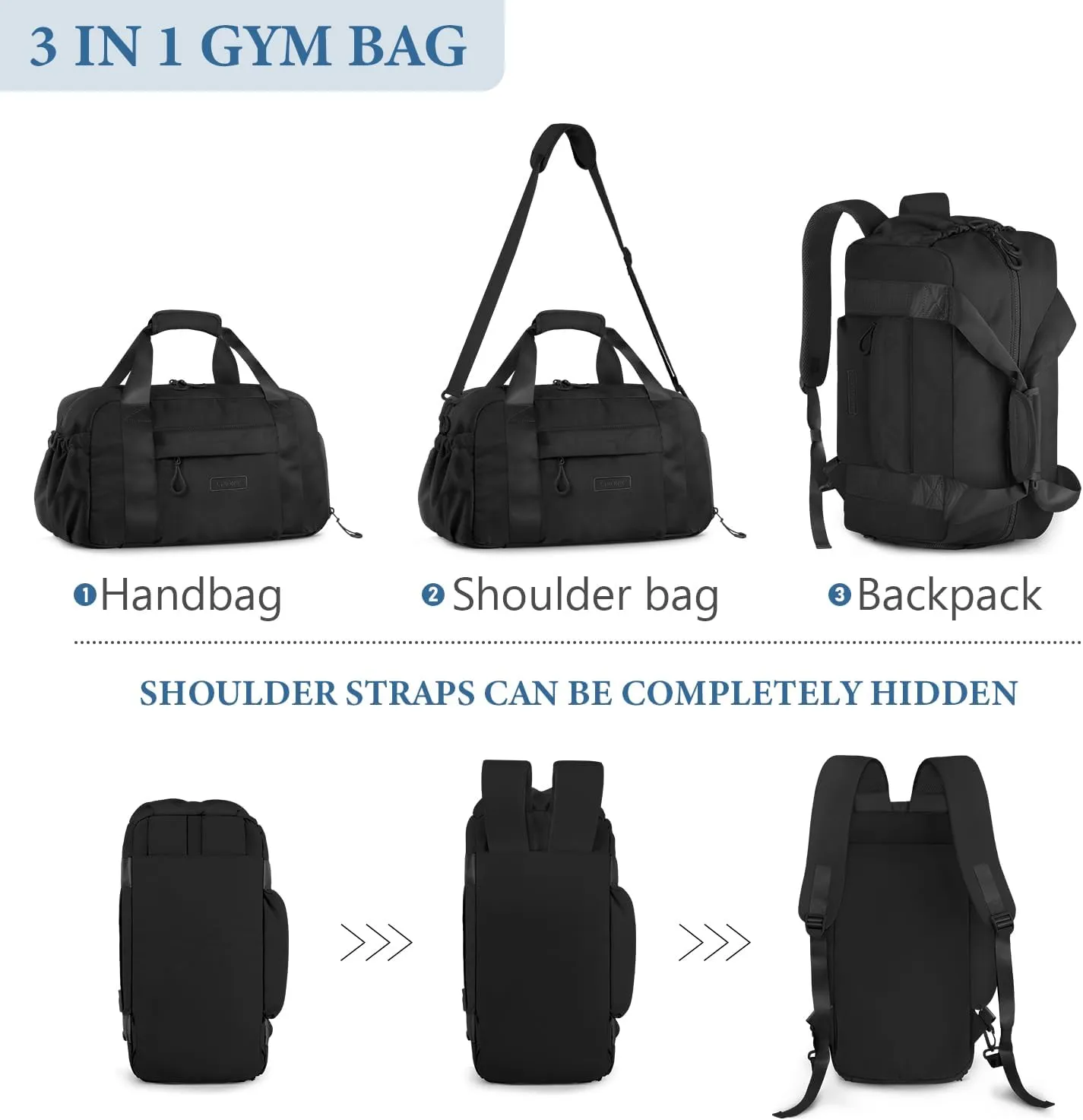 ETRONIK 3-IN-1 Gym Bag for Women, TSA Lightweight Weekender Bags for Women, Travel Duffle Bag for Travel with Shoe Compartment & Wet Pocket, Water Resistant Gym Duffle Backpack, Black