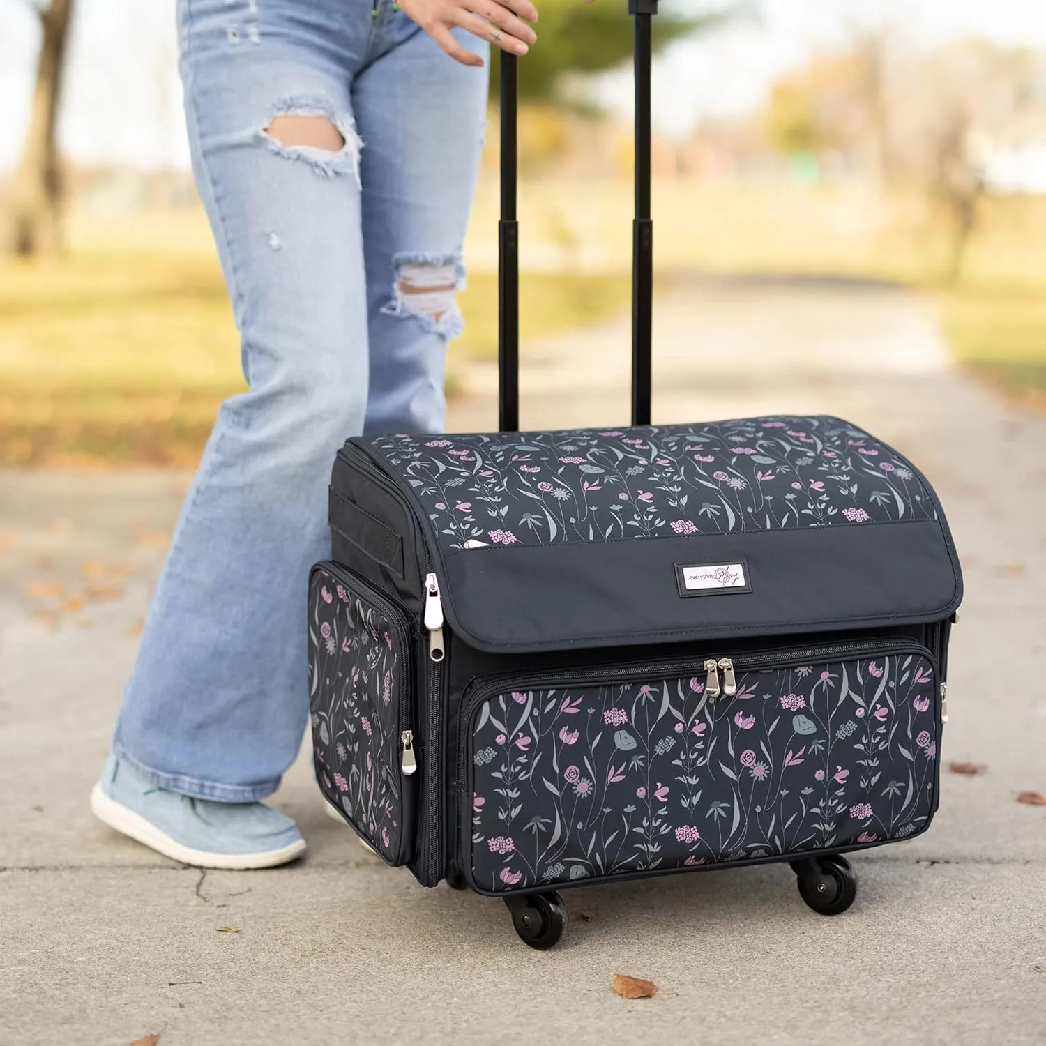 Everything Mary 4 Wheels Collapsible Deluxe Sewing Machine Storage Case, Black - Rolling Trolley Carrying Bag for Brother, Singer