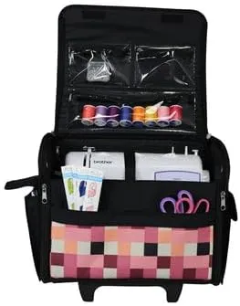 Everything Mary Collapsible Rolling Sewing Machine Tote - Premium Polyester Construction - Universal Fit - Portable with Dual Wheels and Telescoping Handle - Checkered Pink Print