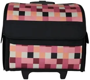 Everything Mary Collapsible Rolling Sewing Machine Tote - Premium Polyester Construction - Universal Fit - Portable with Dual Wheels and Telescoping Handle - Checkered Pink Print