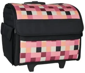 Everything Mary Collapsible Rolling Sewing Machine Tote - Premium Polyester Construction - Universal Fit - Portable with Dual Wheels and Telescoping Handle - Checkered Pink Print