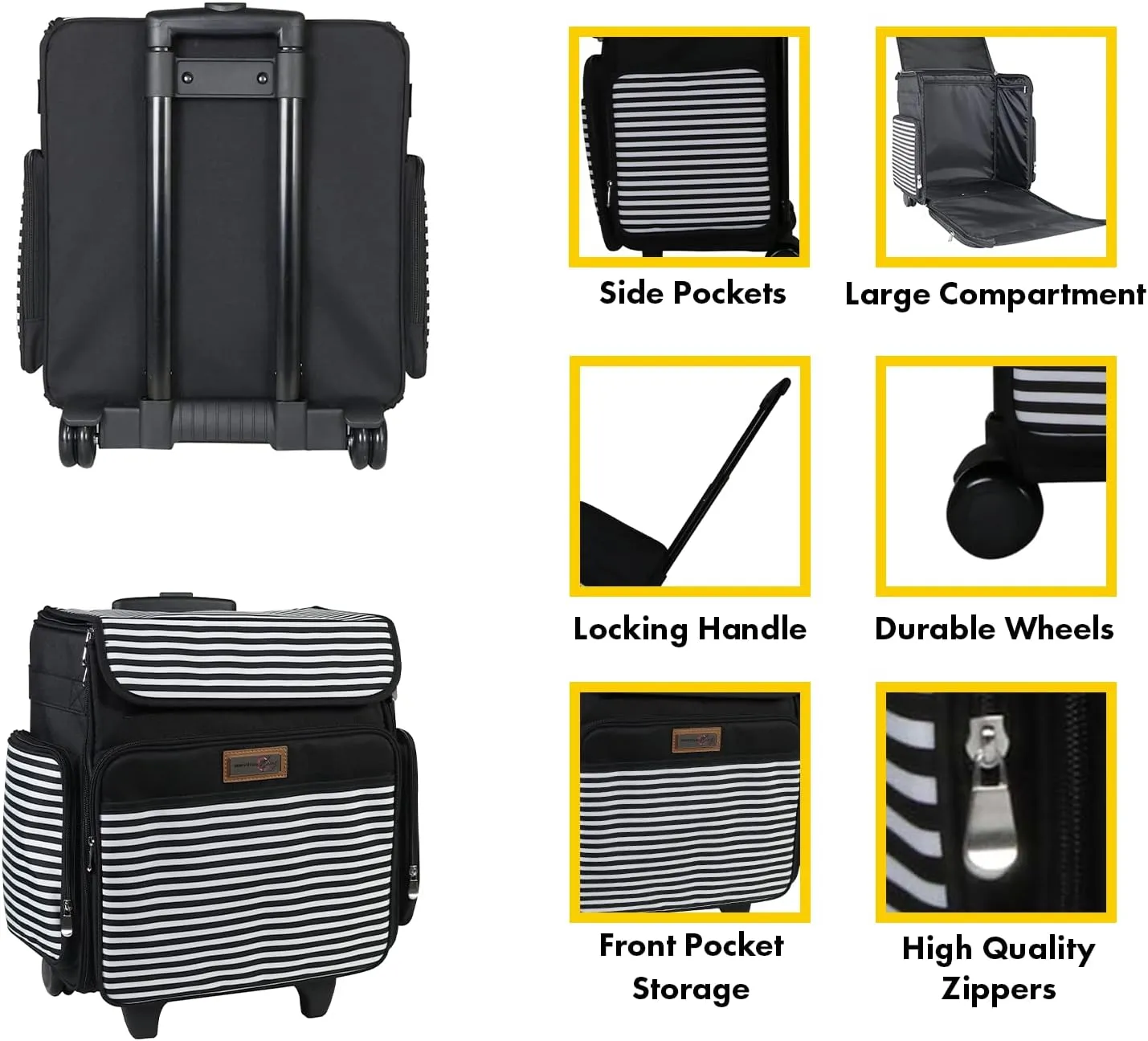 Everything Mary Rolling Craft Bag, Black & White Stripe - Papercraft Tote with Wheels for Scrapbook & Art Storage - Organizer Case for IRIS Boxes, Supplies, and Accessories - for Teachers & Medical