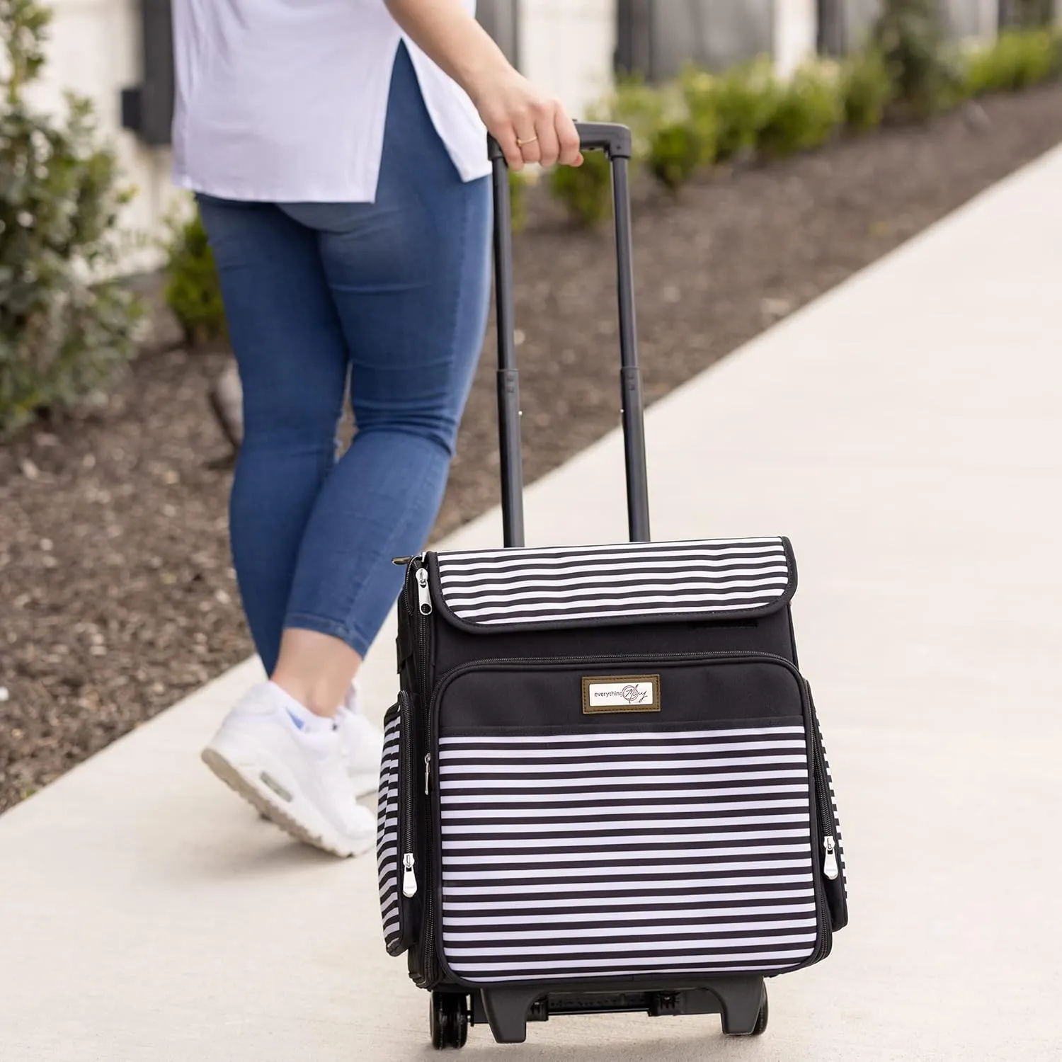 Everything Mary Rolling Craft Bag, Black & White Stripe - Papercraft Tote with Wheels for Scrapbook & Art Storage - Organizer Case for IRIS Boxes, Supplies, and Accessories - for Teachers & Medical
