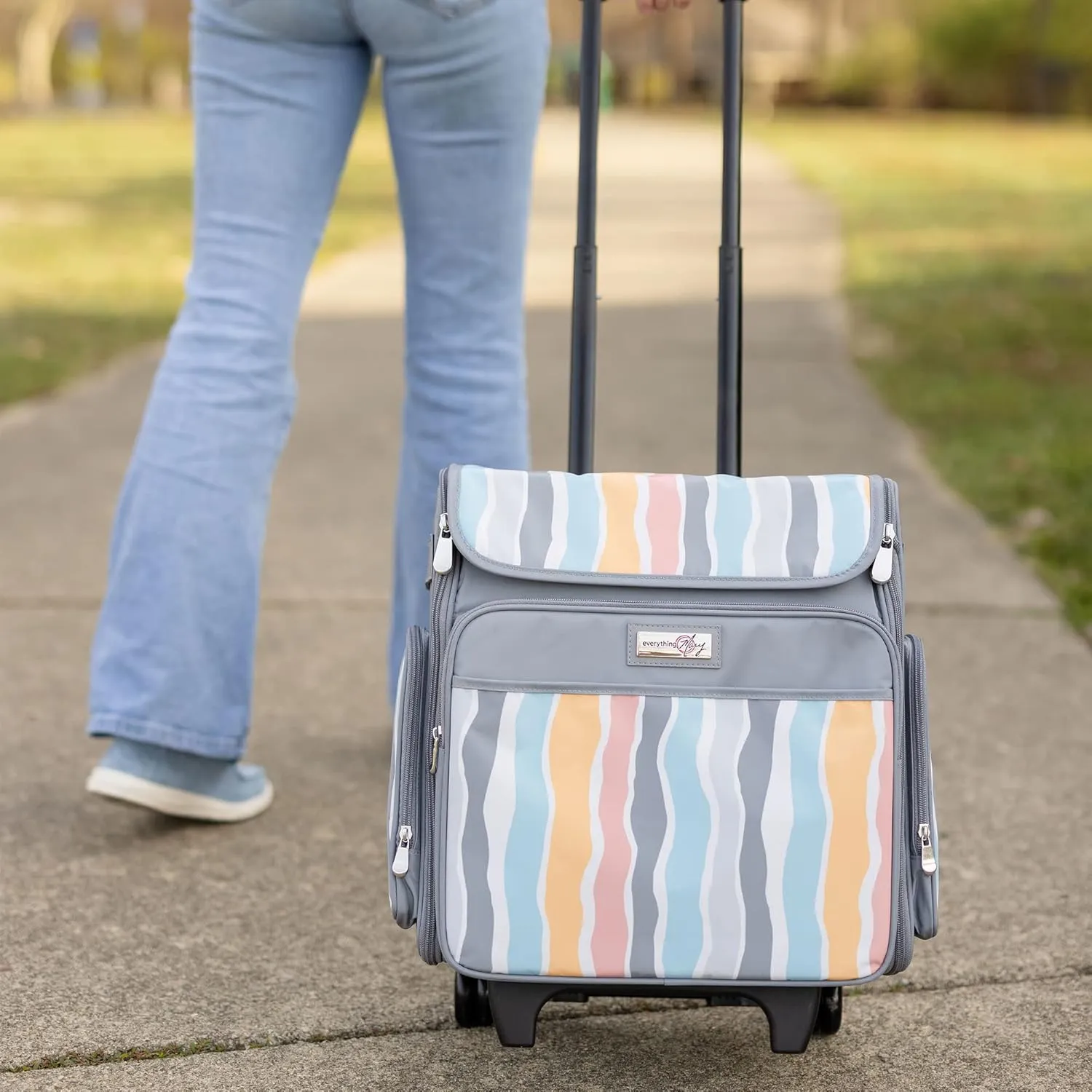 Everything Mary Rolling Craft Bag, Grey Stripes - Papercraft Tote with Wheels for Scrapbook & Art Storage - Organizer Case for IRIS Boxes, Supplies & Accessories - for Teachers & Medical