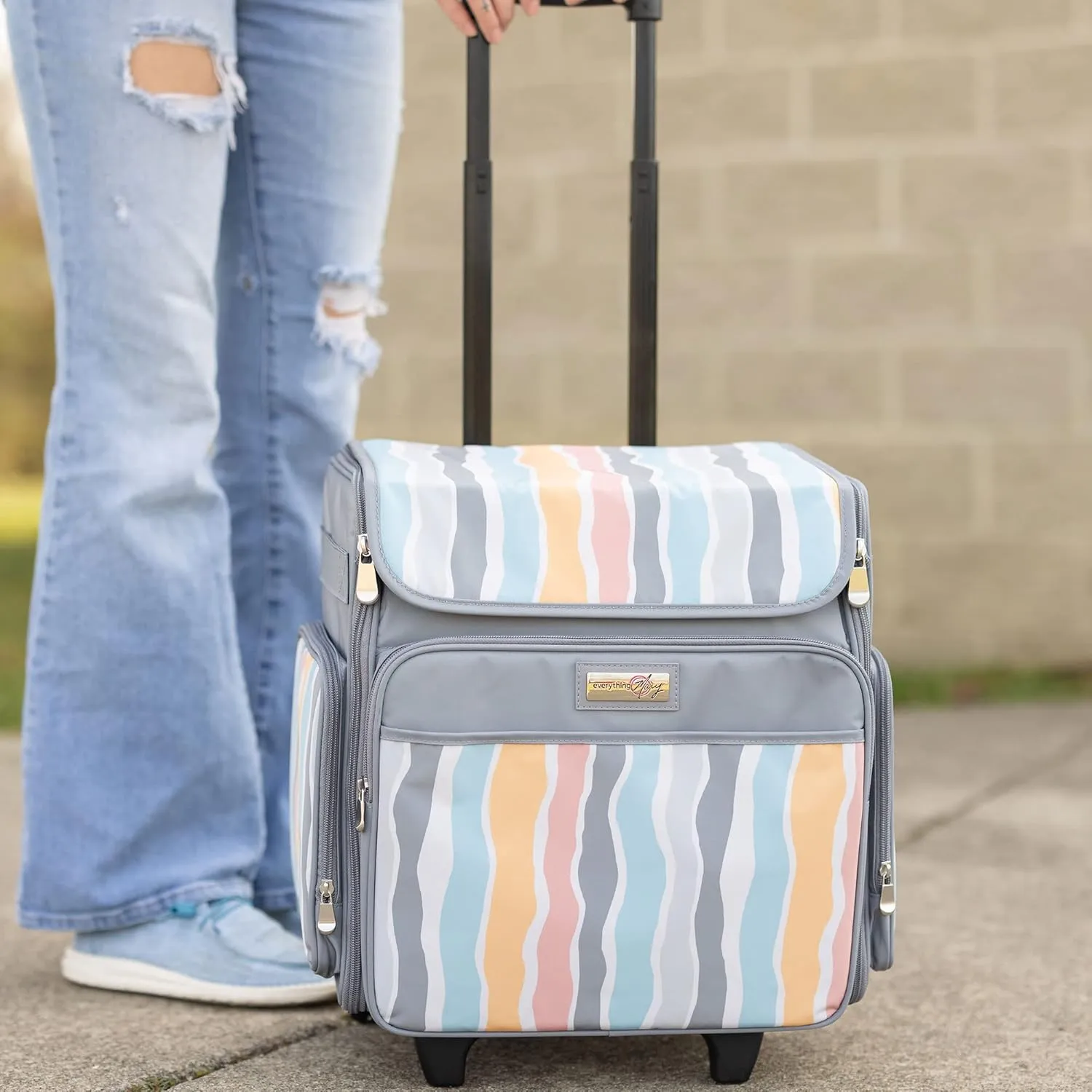 Everything Mary Rolling Craft Bag, Grey Stripes - Papercraft Tote with Wheels for Scrapbook & Art Storage - Organizer Case for IRIS Boxes, Supplies & Accessories - for Teachers & Medical