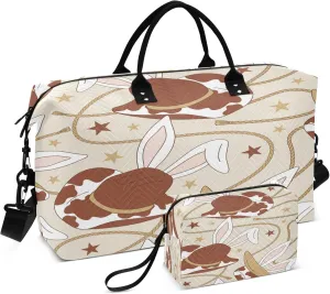 Exnundod Cowboy Hat Bunny Ears Travel Duffel Bags for Women Sports Gym Bag Weekender Carry On Tote Overnight Luggage Duffle Bags