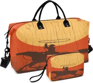 Exnundod Silhouette Of A Cowboy Travel Duffel Bags for Women Horse Sunset Wooden Sports Gym Bag Weekender Carry On Tote Overnight Luggage Duffle Bags