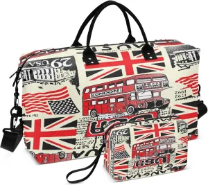 Exnundod Travel Duffel Bags American and British Flags Sports Gym Bag Colorful Scottish Grid Weekender Carry On Tote Overnight Luggage Bags for Women and Men