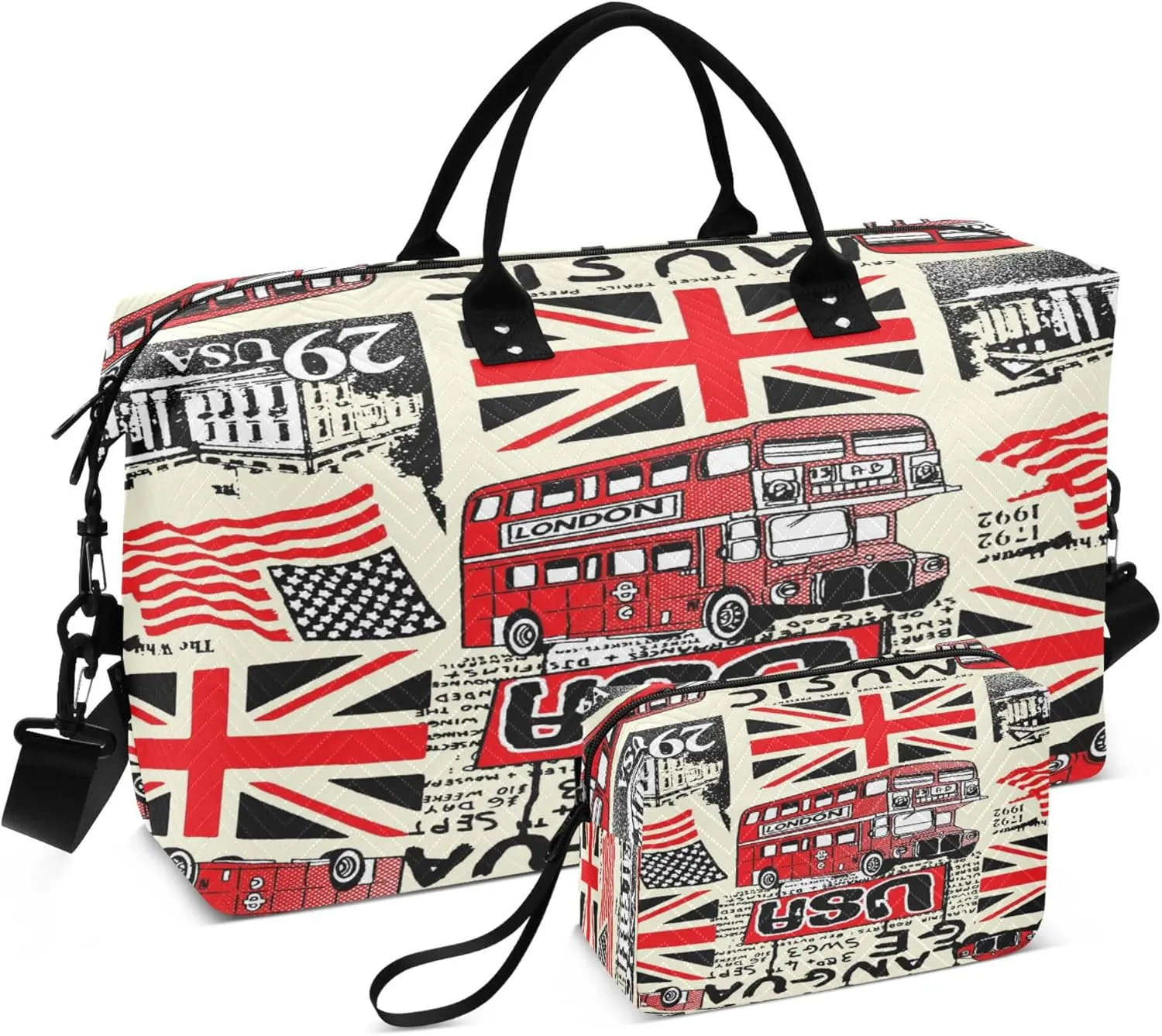 Exnundod Travel Duffel Bags American and British Flags Sports Gym Bag Colorful Scottish Grid Weekender Carry On Tote Overnight Luggage Bags for Women and Men