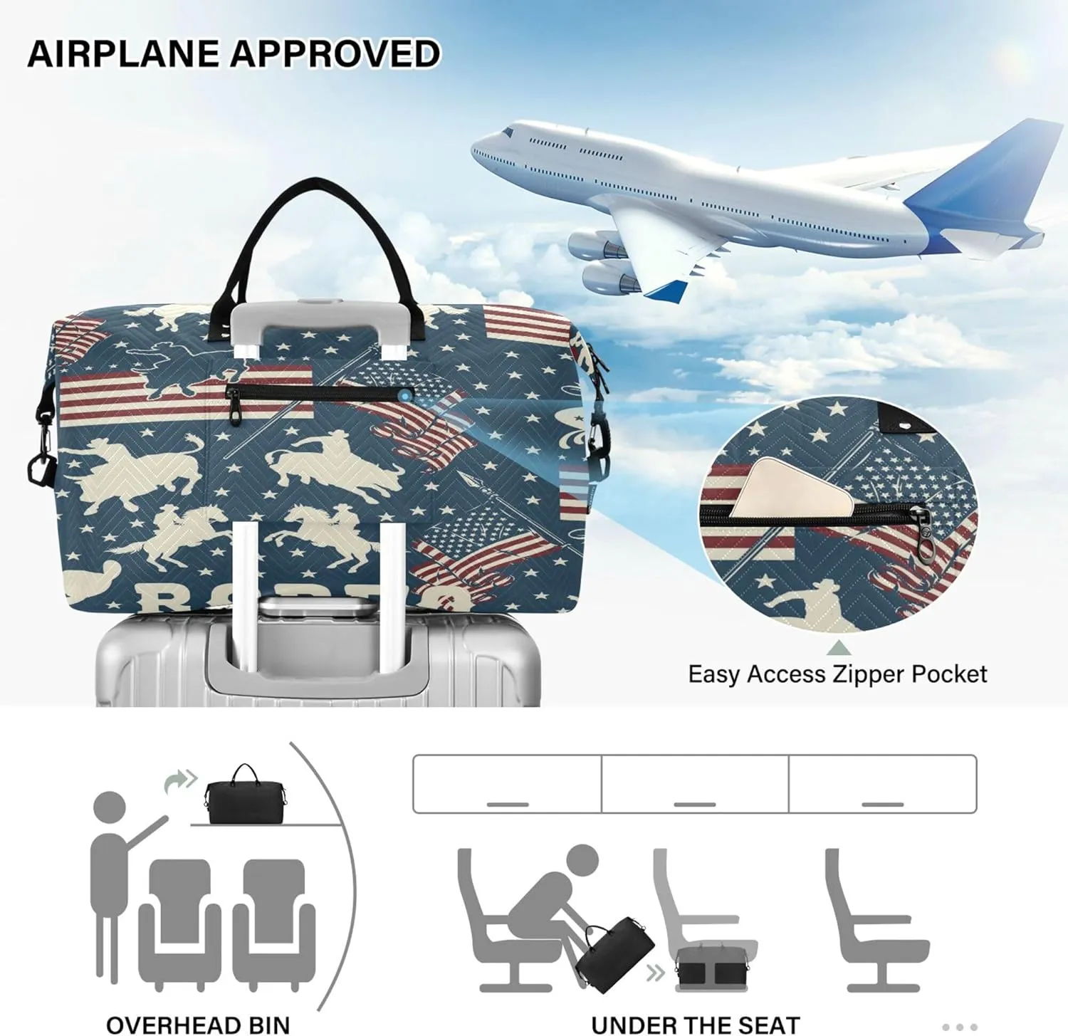 Exnundod Women Weekender Bags American Rodeo Pattern Travel Duffel Bags Carry On Overnight Bag Cowboys Flag Large Hospital Tote Luggage