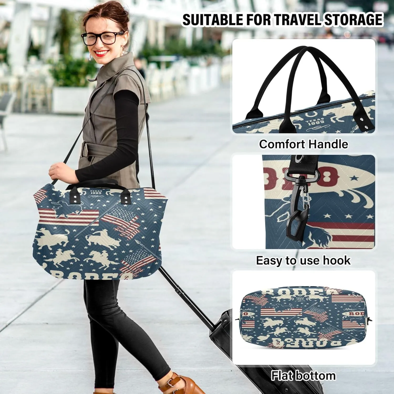 Exnundod Women Weekender Bags American Rodeo Pattern Travel Duffel Bags Carry On Overnight Bag Cowboys Flag Large Hospital Tote Luggage