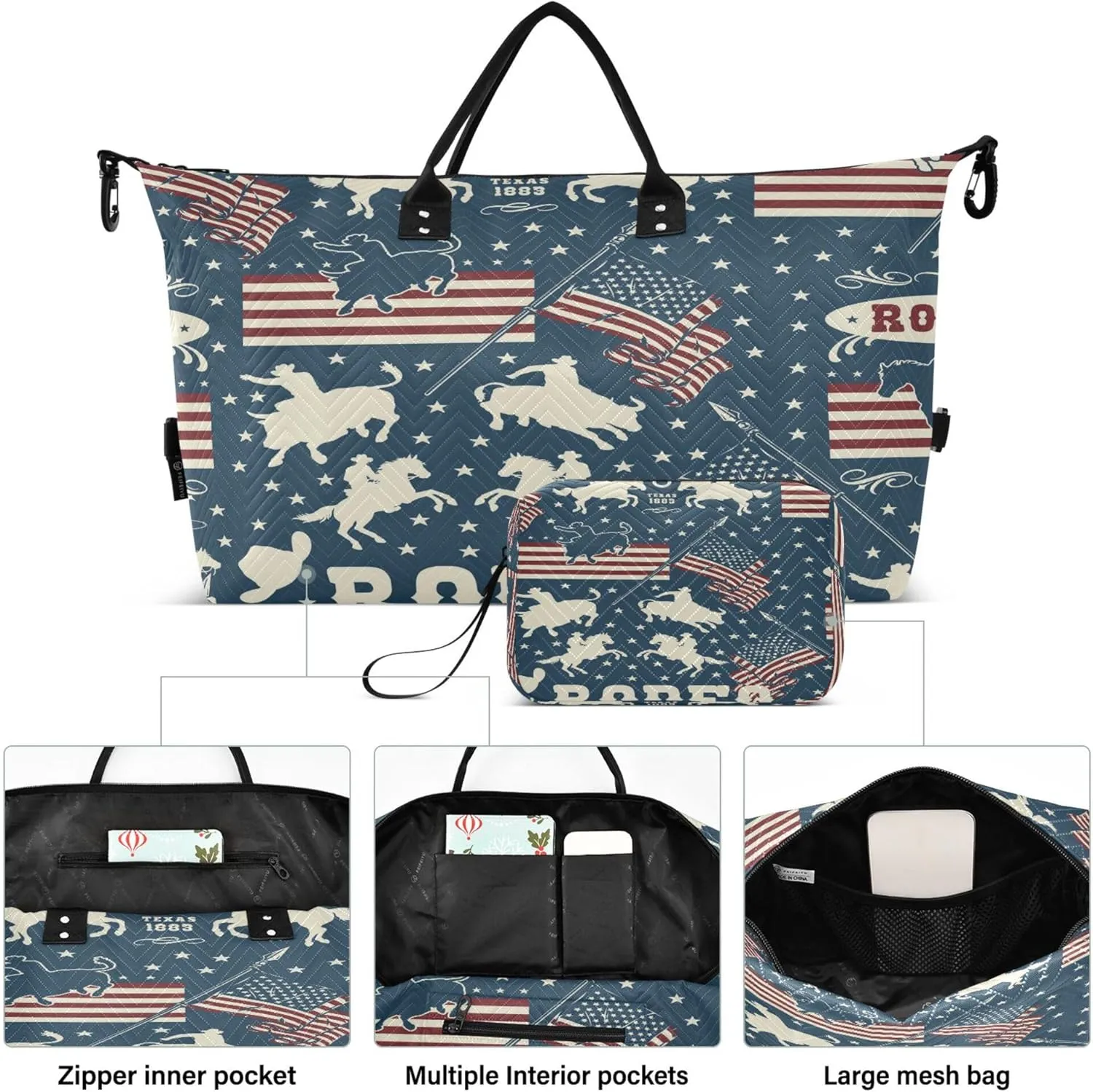 Exnundod Women Weekender Bags American Rodeo Pattern Travel Duffel Bags Carry On Overnight Bag Cowboys Flag Large Hospital Tote Luggage