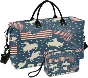 Exnundod Women Weekender Bags American Rodeo Pattern Travel Duffel Bags Carry On Overnight Bag Cowboys Flag Large Hospital Tote Luggage