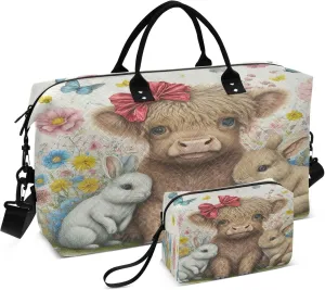 Exnundod Women Weekender Bags Cute Rabbit with Highland Cow Gym Bags Carry On Overnight Duffle Spring Flower Large Duffle Tote Hospital Bag for Business Trip, Yoga