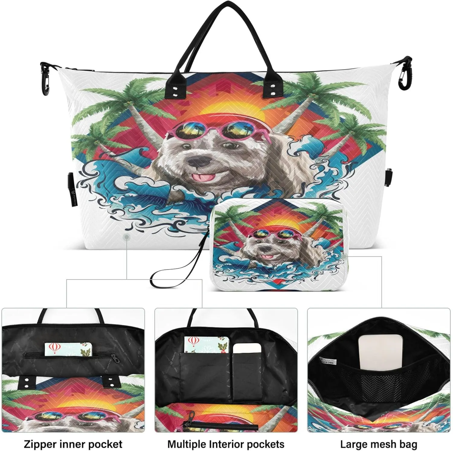 Exnundod Women Weekender Bags Swimming Shih Tzu Dog Travel Duffel Bags Carry On Overnight Bag Beach Coconut Tree Large Hospital Tote Luggage