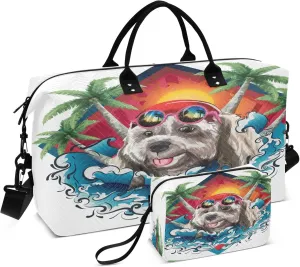 Exnundod Women Weekender Bags Swimming Shih Tzu Dog Travel Duffel Bags Carry On Overnight Bag Beach Coconut Tree Large Hospital Tote Luggage