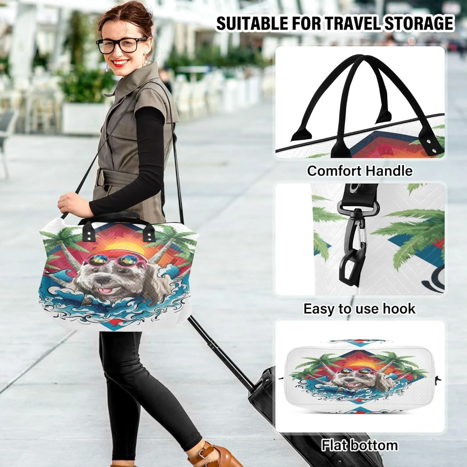 Exnundod Women Weekender Bags Swimming Shih Tzu Dog Travel Duffel Bags Carry On Overnight Bag Beach Coconut Tree Large Hospital Tote Luggage