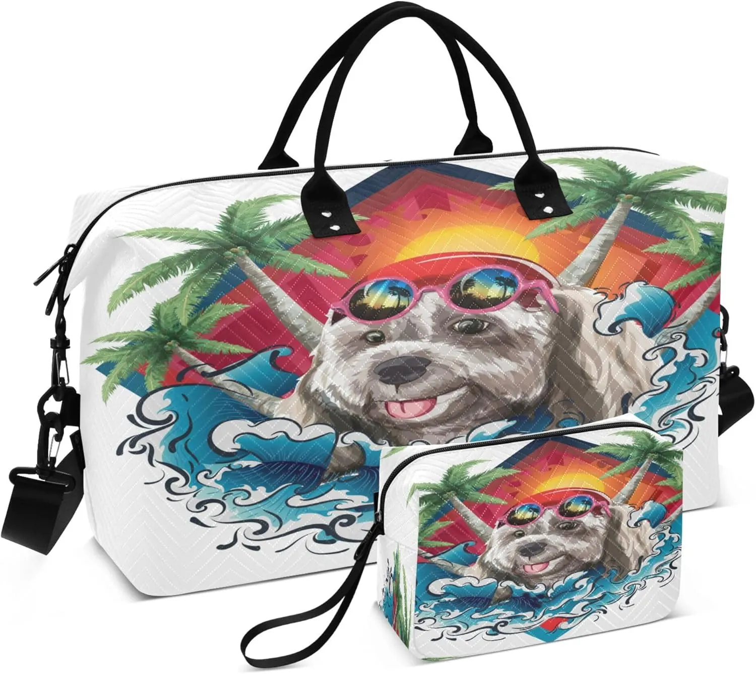 Exnundod Women Weekender Bags Swimming Shih Tzu Dog Travel Duffel Bags Carry On Overnight Bag Beach Coconut Tree Large Hospital Tote Luggage