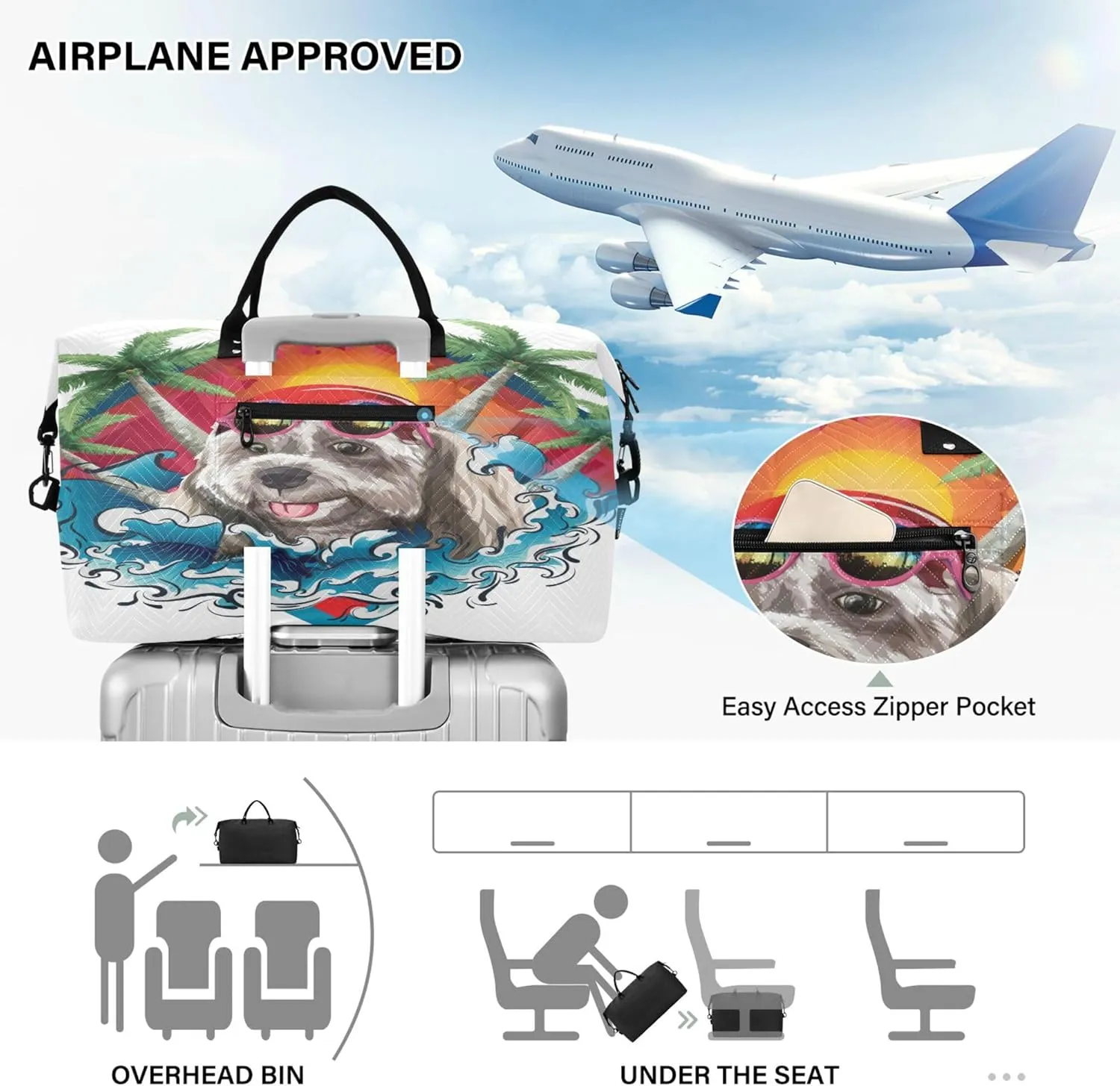 Exnundod Women Weekender Bags Swimming Shih Tzu Dog Travel Duffel Bags Carry On Overnight Bag Beach Coconut Tree Large Hospital Tote Luggage