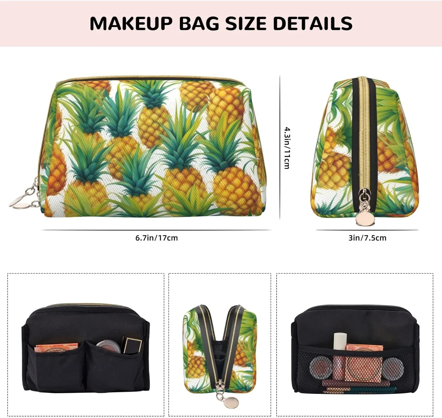Exotic Tropical Pineapples Leather Toiletry Travel Bag, Compact Makeup Organizer For Women
