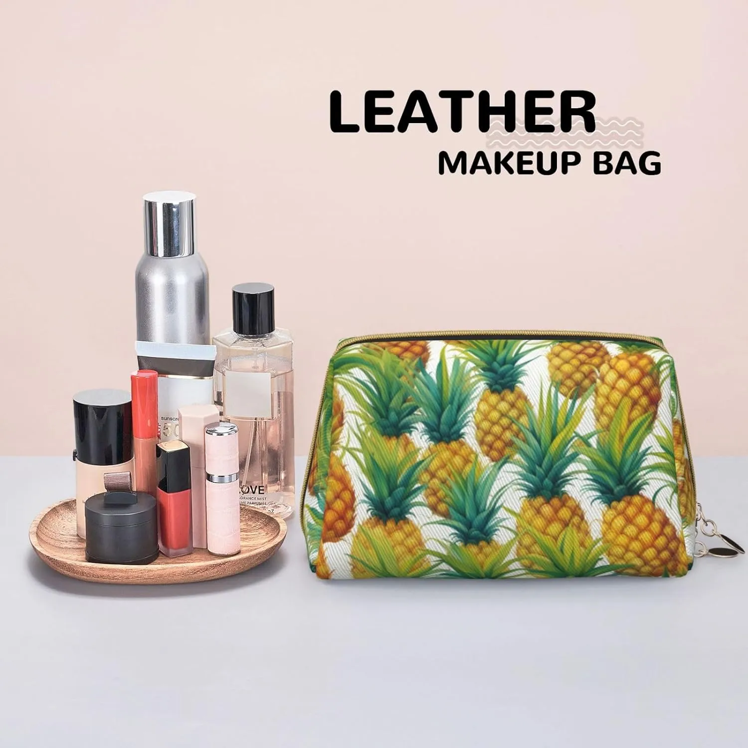 Exotic Tropical Pineapples Leather Toiletry Travel Bag, Compact Makeup Organizer For Women