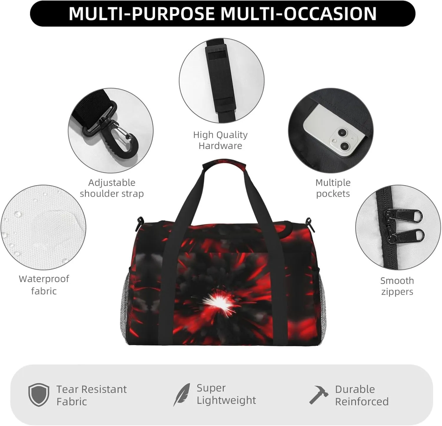 Explosion Burst Red Black Travel Duffel Bag With Zippers And Handles, Big Foldable Duffle Bag For Family Vacations