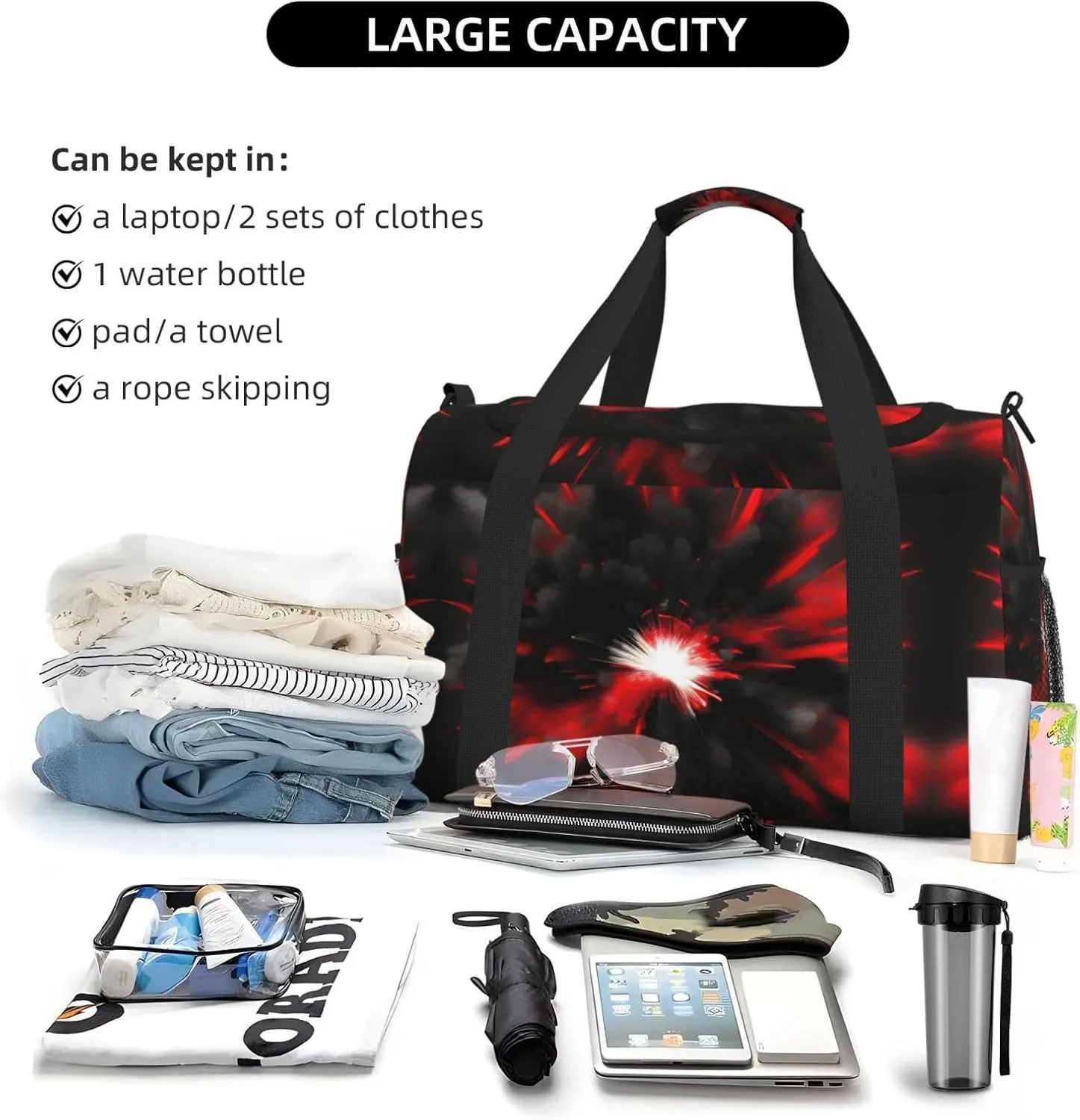 Explosion Burst Red Black Travel Duffel Bag With Zippers And Handles, Big Foldable Duffle Bag For Family Vacations