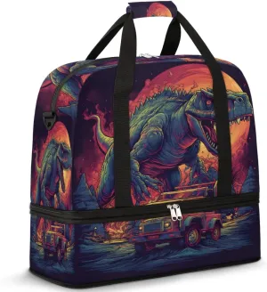 Explosive Galaxy Dinosaur Car Travel Duffel Bag with Foldable Shoe Compartment Shoulder Tote Travel Weekend Bag Sports Gym Overnight Bags