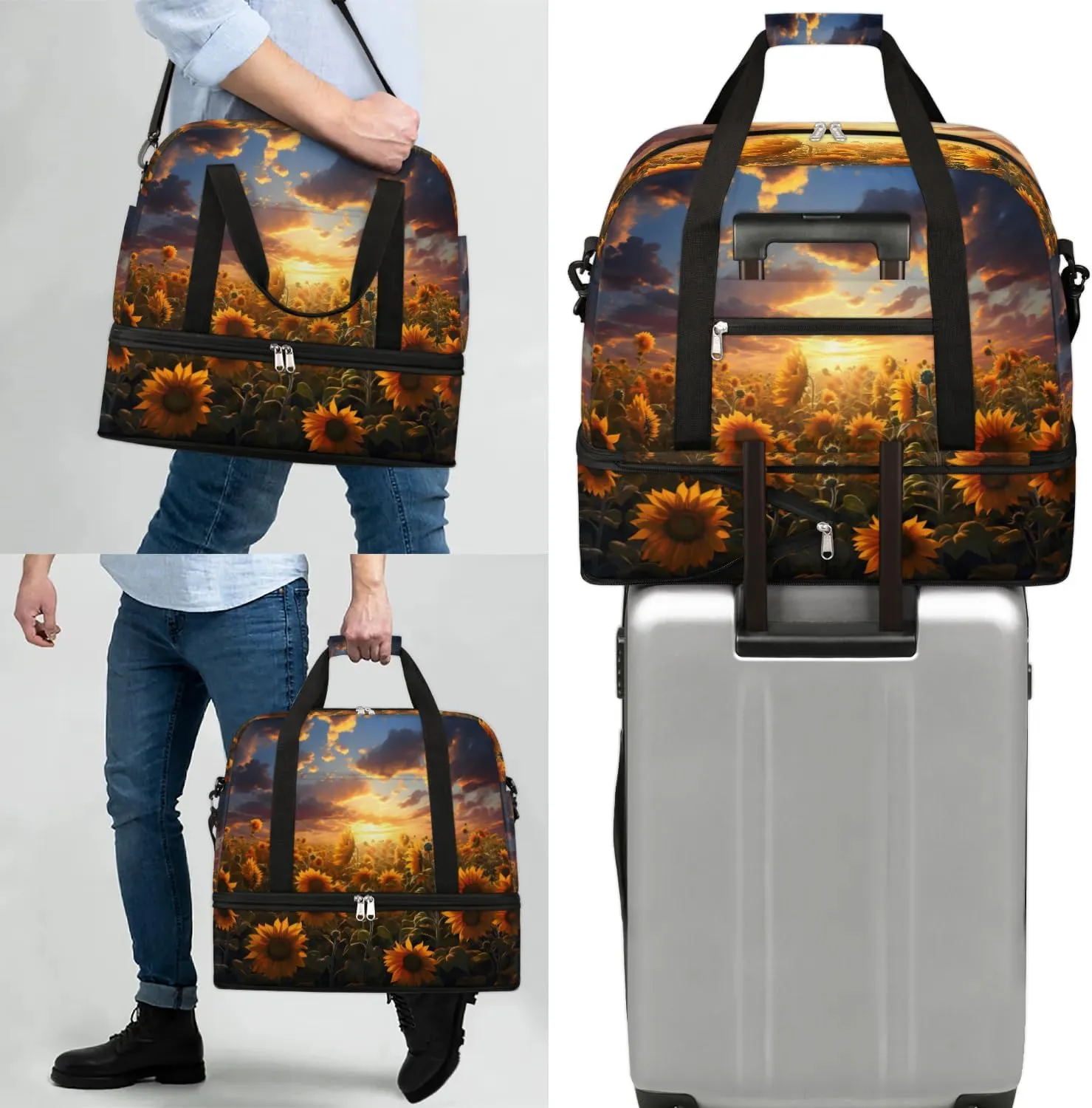 Exquisite Drawing Flowers Pattern Travel Duffle Bag, Collapsible Travel Bag Sports Gym Bag With Shoes Compartment Weekender Bag Overnight Bag For Women Men