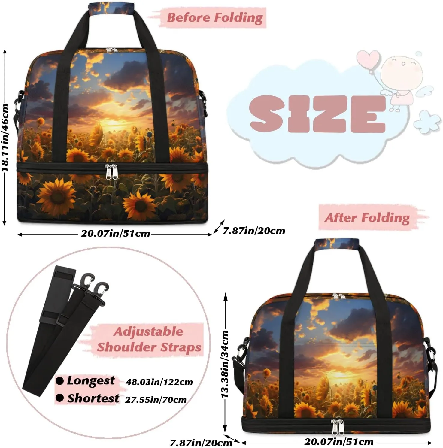 Exquisite Drawing Flowers Pattern Travel Duffle Bag, Collapsible Travel Bag Sports Gym Bag With Shoes Compartment Weekender Bag Overnight Bag For Women Men