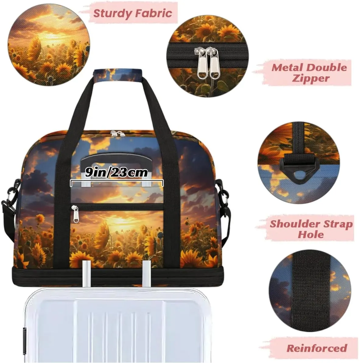 Exquisite Drawing Flowers Pattern Travel Duffle Bag, Collapsible Travel Bag Sports Gym Bag With Shoes Compartment Weekender Bag Overnight Bag For Women Men