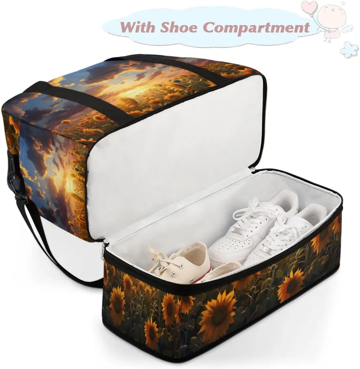 Exquisite Drawing Flowers Pattern Travel Duffle Bag, Collapsible Travel Bag Sports Gym Bag With Shoes Compartment Weekender Bag Overnight Bag For Women Men