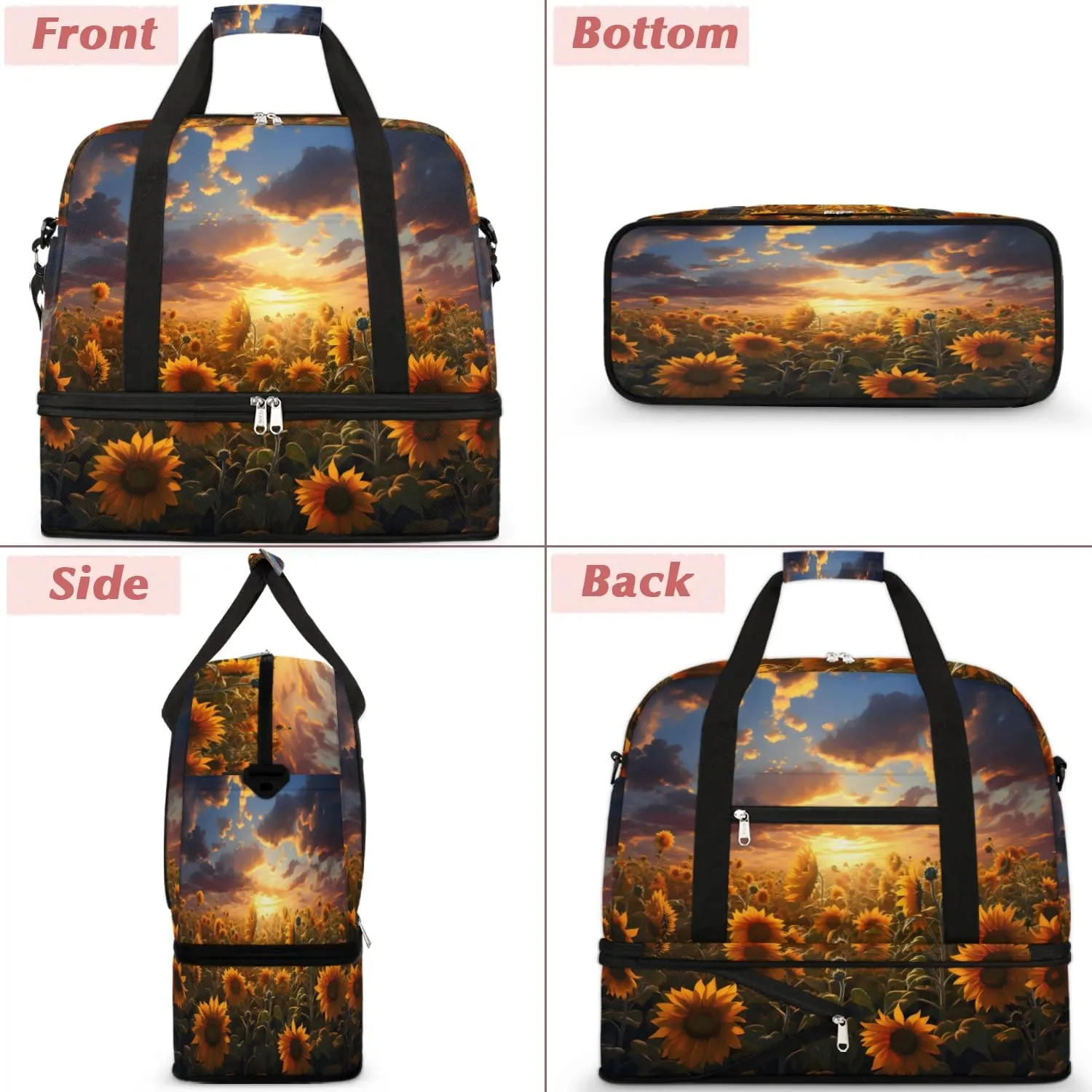 Exquisite Drawing Flowers Pattern Travel Duffle Bag, Collapsible Travel Bag Sports Gym Bag With Shoes Compartment Weekender Bag Overnight Bag For Women Men