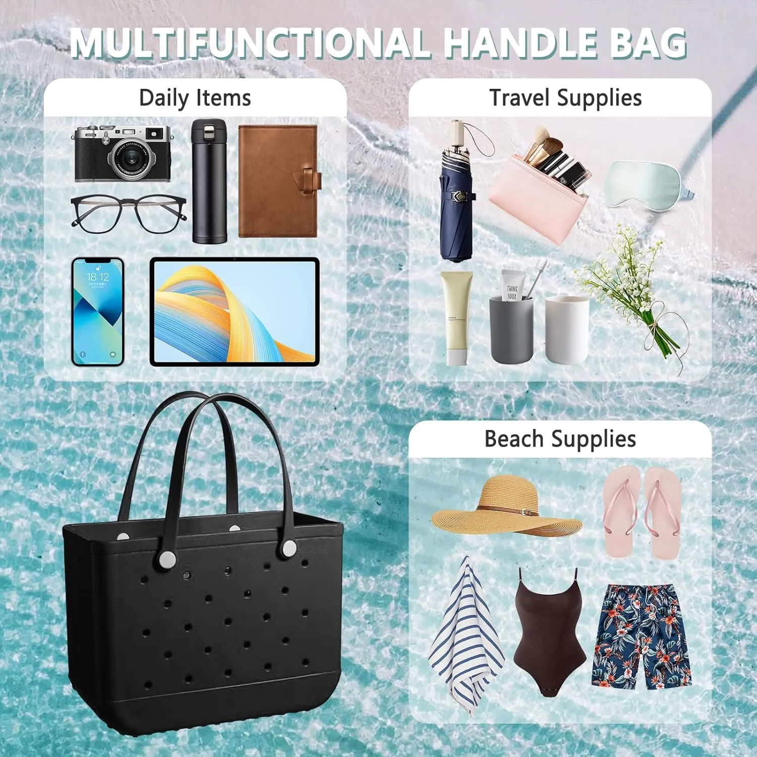 Extra Large Rubber Tote Bag for Women & Men, Waterproof Lightweight Travel X-Large Beach Bag for Boat & Pool