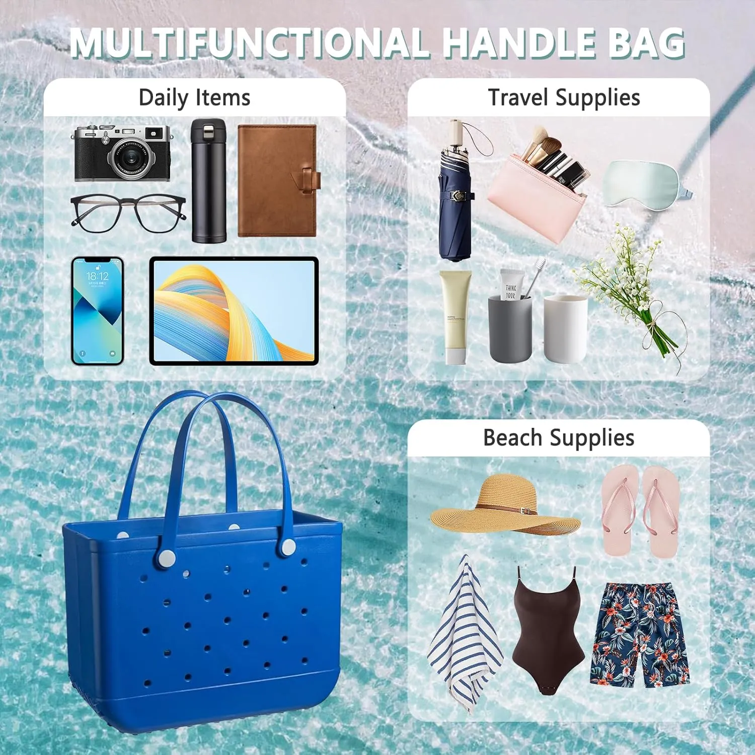 Extra Large Rubber Tote Bag for Women & Men, Waterproof Lightweight Travel X-Large Beach Bag for Boat & Pool