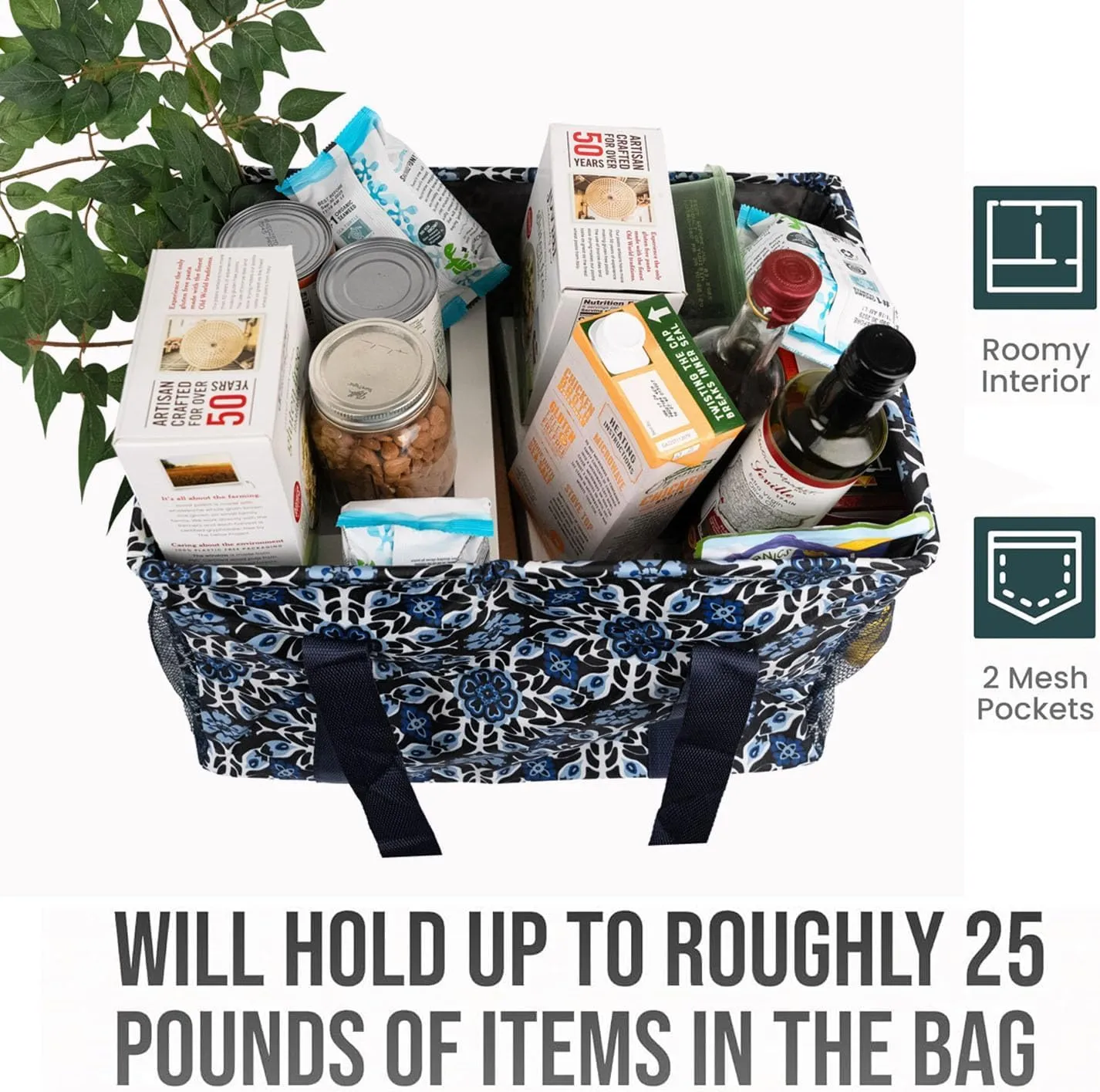 Extra Large Utility Tote Bag - Collapsible Tote with Wire Frame for Beach, Groceries, Travel - Includes 5x7 Bag