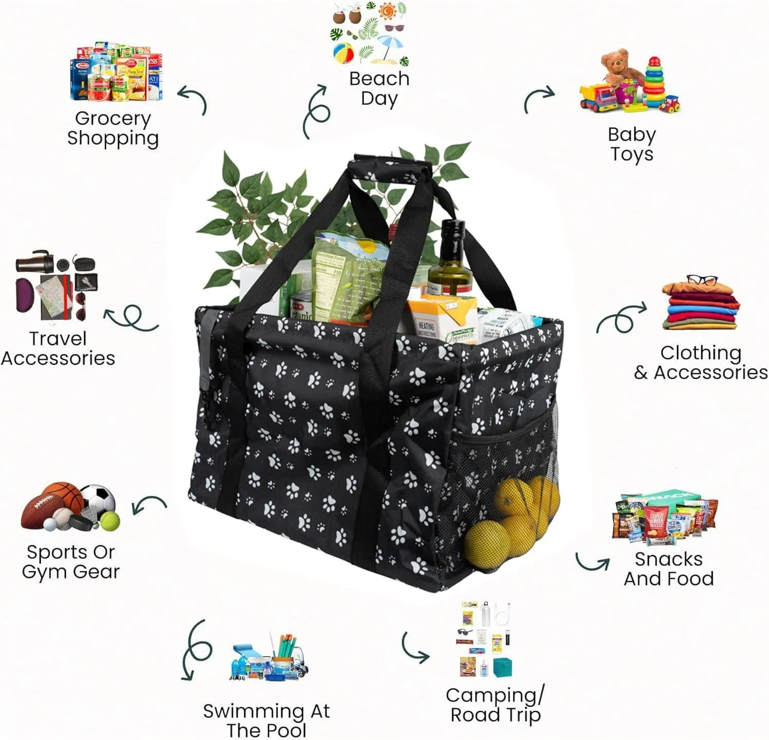 Extra Large Utility Tote Bag - Collapsible Tote with Wire Frame for Beach, Groceries, Travel - Includes 5x7 Bag