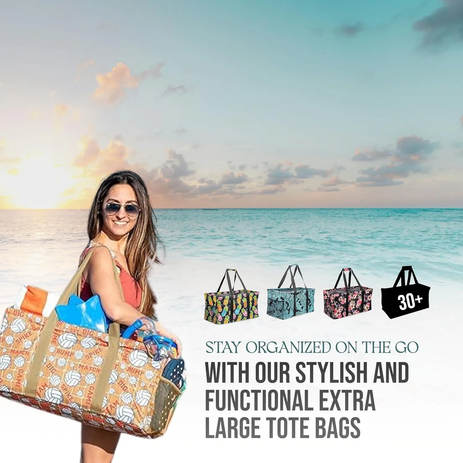 Extra Large Utility Tote Bag - Oversized Collapsible Large Beach Bag, Great for Pool with Sturdy Frame, Extra Side Pockets and Tons of Storage