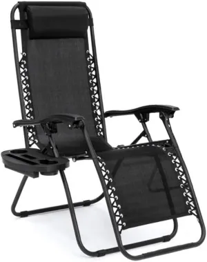 EZONE 1 Chair Zero Gravity Lounge Chairs Outdoor Adjustable Reclining Patio Chair Steel Mesh Folding Recliner for Pool Beach Camping Lounge Chair with Pillows and Cup Tray (1, Black)