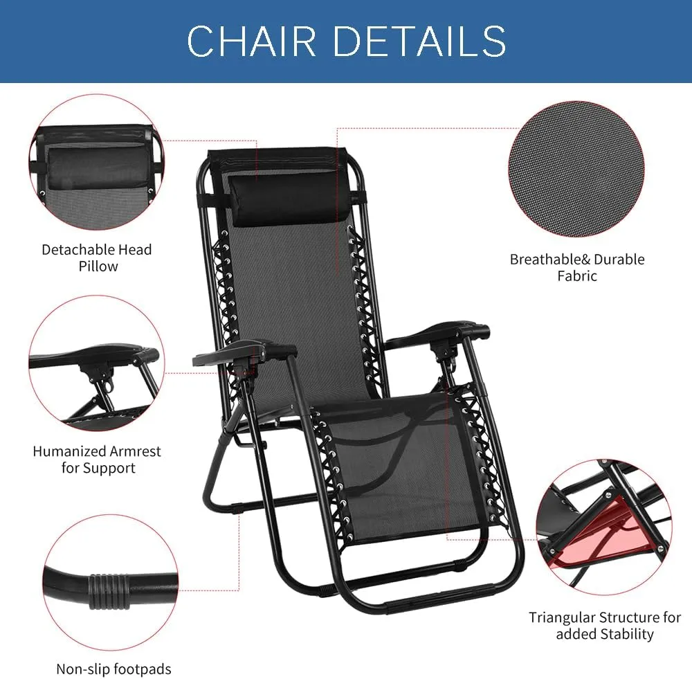 EZONE 1 Chair Zero Gravity Lounge Chairs Outdoor Adjustable Reclining Patio Chair Steel Mesh Folding Recliner for Pool Beach Camping Lounge Chair with Pillows and Cup Tray (1, Black)